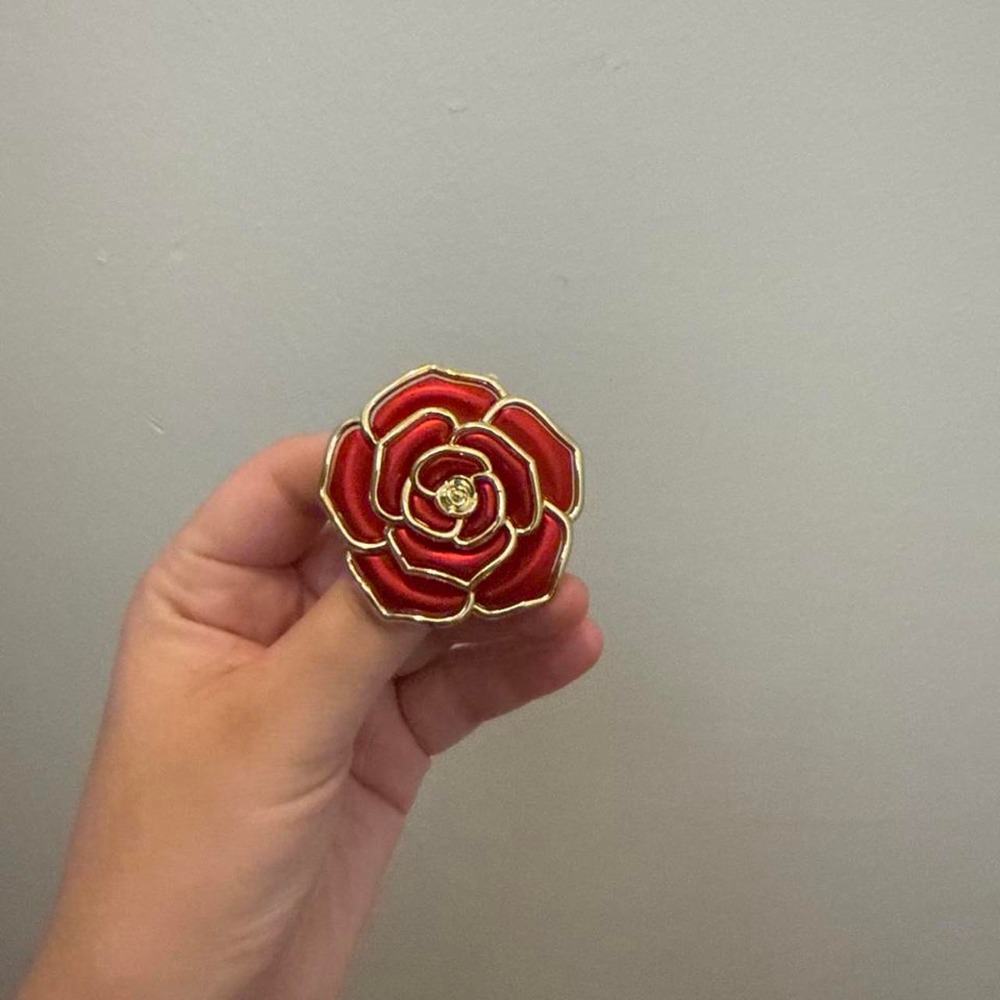 Red Rose Flower Brooch Gold Tone Plastic Floral Pin Romantic Coquette Statement